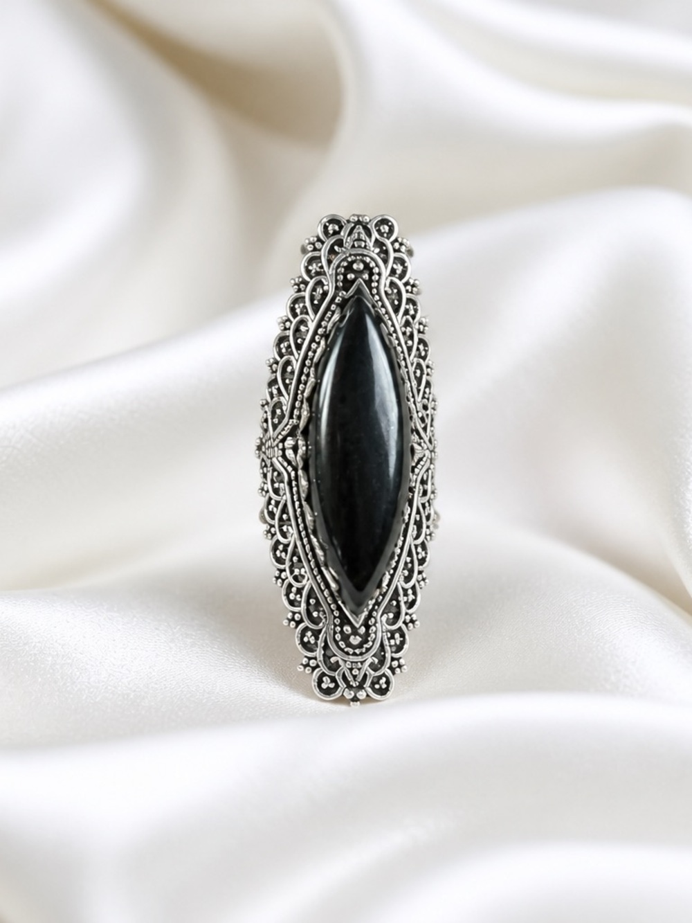 Sz 8 Elegant Sterling Silver Black Onyx Stone Filigree Statement Ring